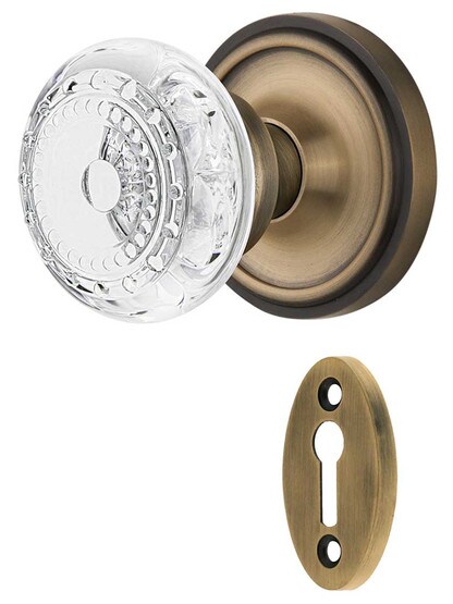 Classic Rosette Mortise-Lock Set with Meadows Crystal-Glass Knobs in Antique Brass.